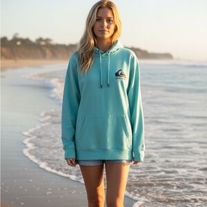 QUICKSILVER Beach Hoodie Sweatshirt Turquoise Adult 100% Cotton SZ M Surf CA